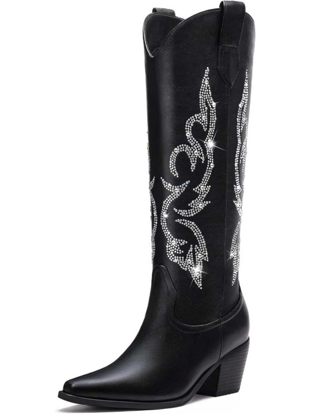 Women 01-Black Faux Leather Wide Calf Rhinestone Cowgirl Knee High Boot